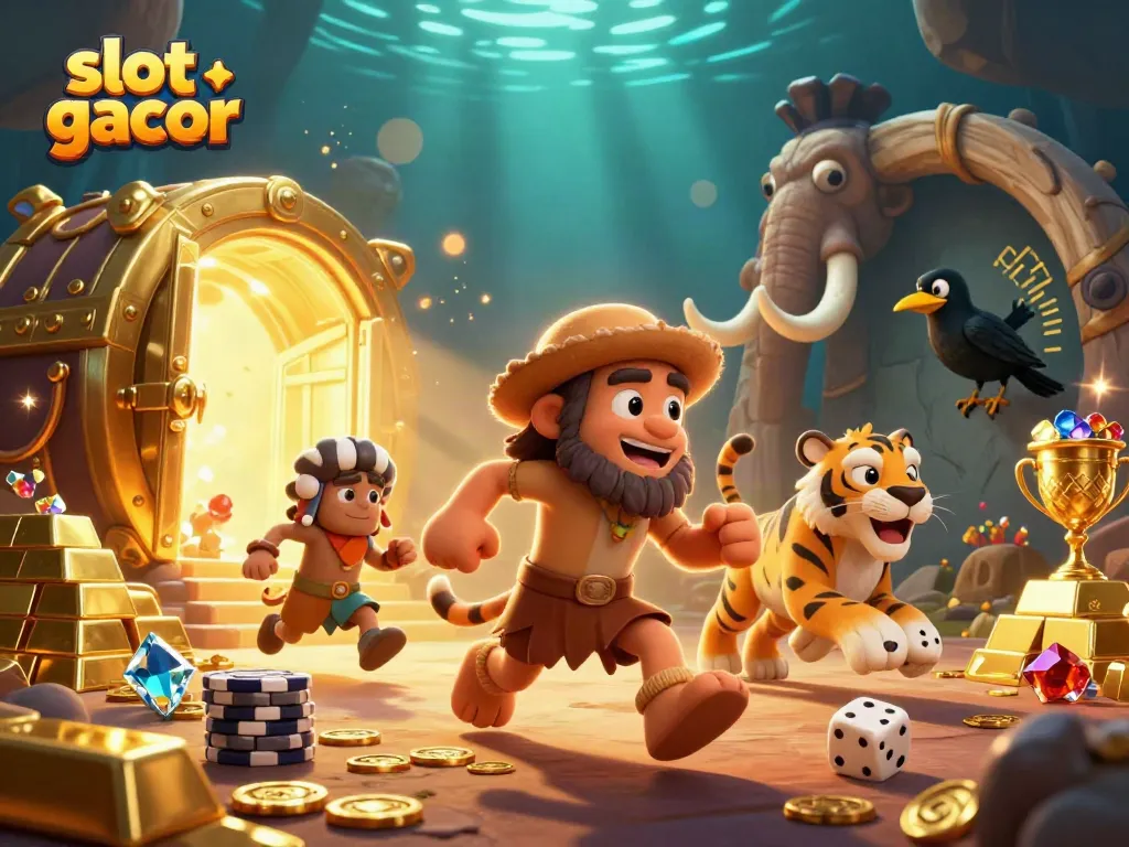 Engage in the exhilarating world of slot gacor, featuring animated casino characters in a vibrant prehistoric setting.