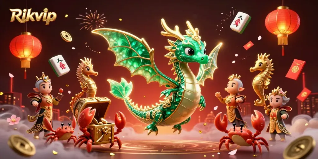 Engage in exciting gameplay at Rikvip with emerald sea dragons, mahjong tiles, and flourishing treasures.