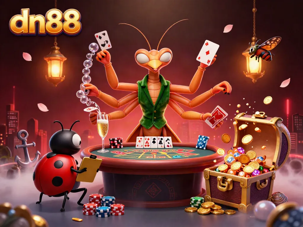 Experience thrilling gameplay with dn88's vibrant illustration of live casino action featuring unique characters and game elements.