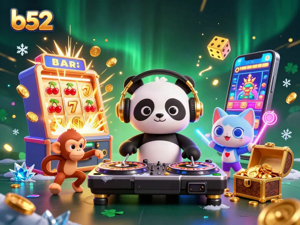 B52 gameplay featuring a DJ panda, a breakdancing monkey, and a glow-stick kitten at a dynamic casino scene.