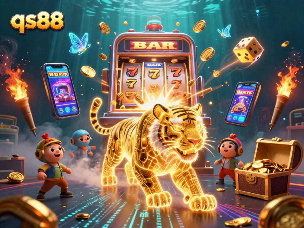 Experience the thrill of qs88 with a neon-wireframe tiger and energetic casino atmosphere.