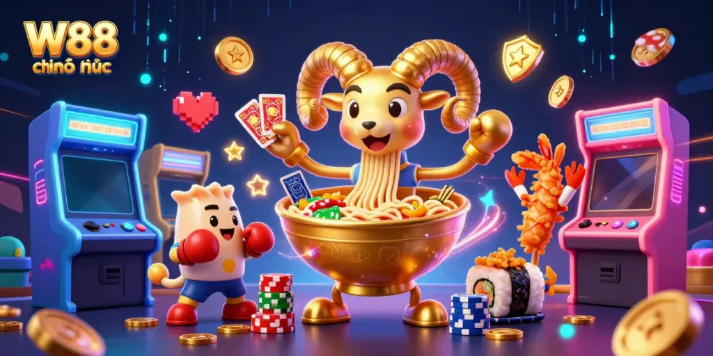 W88 chính thức brings an exciting casino experience with colorful characters in a vibrant 3D scene.