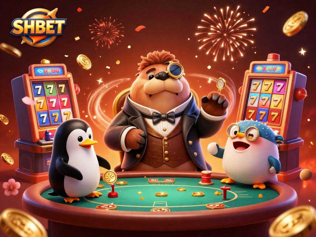 SHBET showcases a thrilling poker game with vibrant slot machines and engaging characters, delivering excitement in every detail.