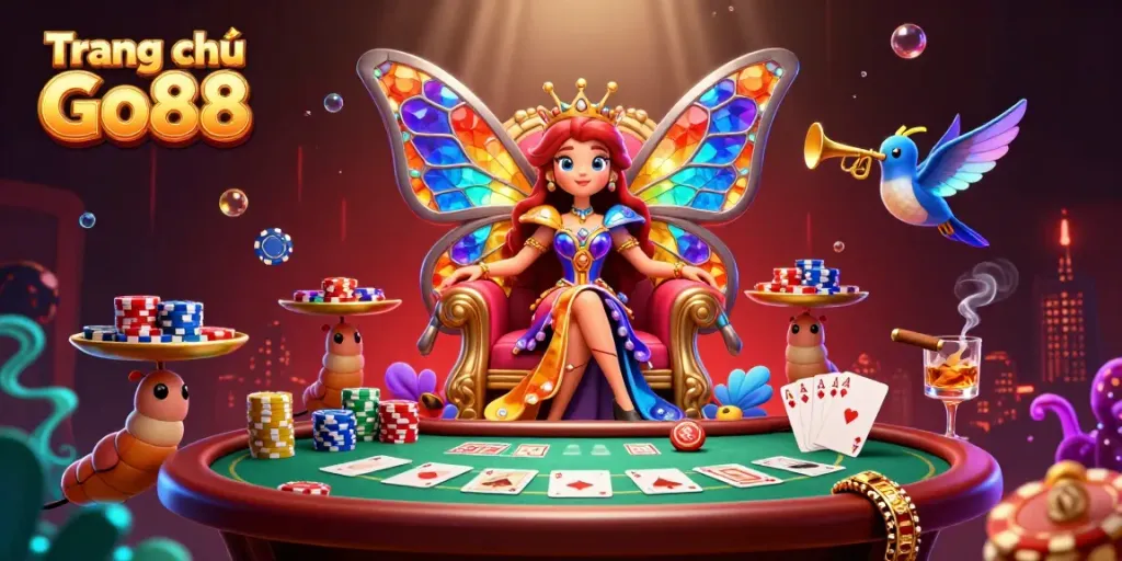 Engaging illustration of "Trang chủ Go88," showcasing a butterfly queen in a casino with poker elements.