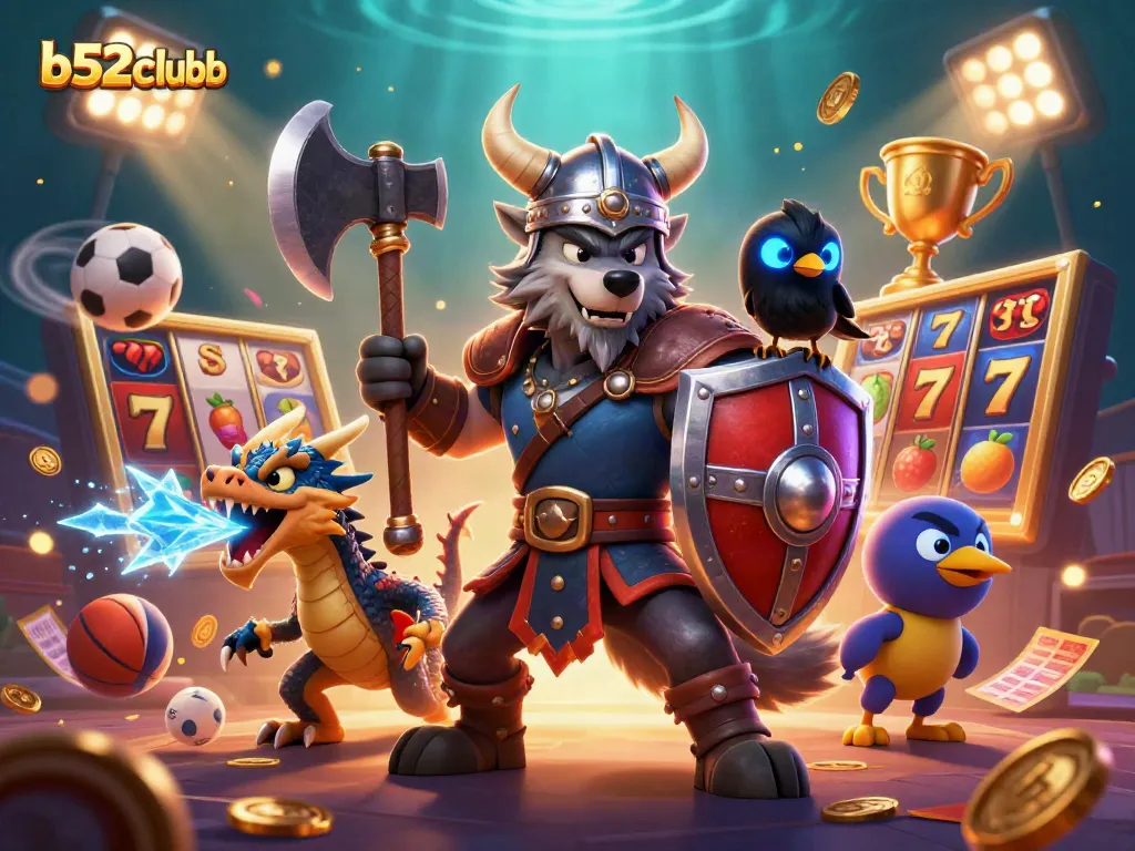b52clubb slots scene depicting a Viking wolf, small dragon, and glowing raven amidst dynamic casino elements.