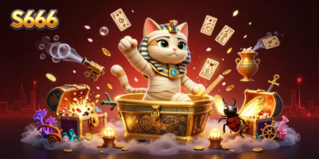 Engaging scene of S666 casino with a mummy cat unearthing treasures and glowing elements.