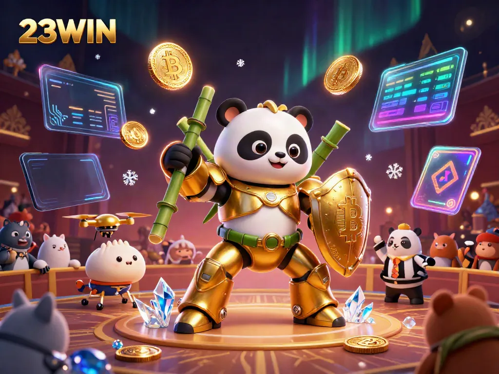 Engage in thrilling moments with 23WIN's dynamic gaming scene featuring animated characters and glowing crypto elements.
