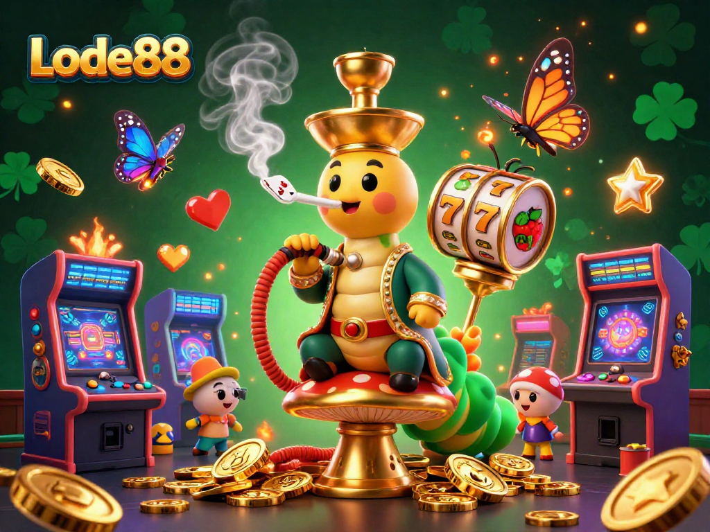 Experience thrilling wins with Lode88’s vibrant 3D gaming scene filled with colorful slot reels and gold coins.