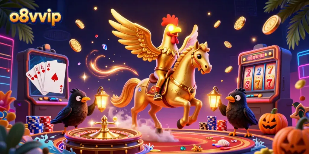 Experience the magic at o8vvip casino with a festive vibrant scene filled with golden coins and big wins.