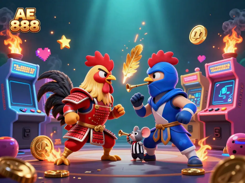 Engage in thrilling games at AE 888 featuring dynamic fighting roosters and arcade elements.