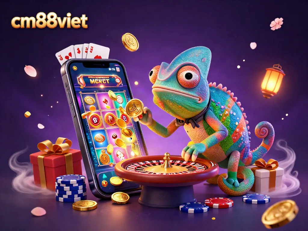 Spin and win with cm88viet's vibrant casino scene featuring a chameleon owner and spinning slots.
