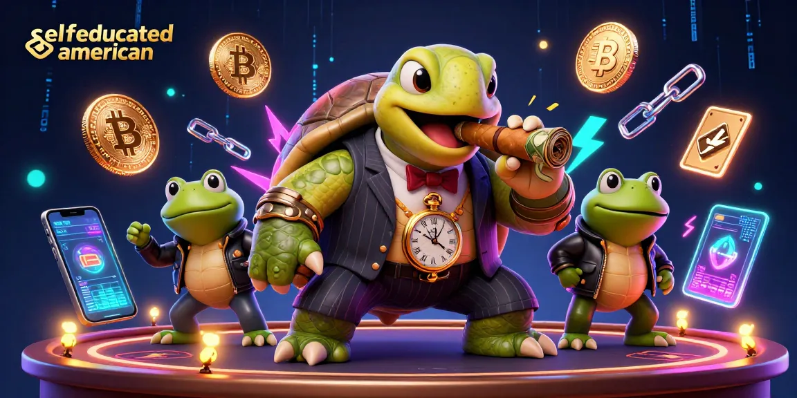 Experience the dynamic world of selfeducatedamerican in this vibrant casino scene featuring characters and crypto elements.