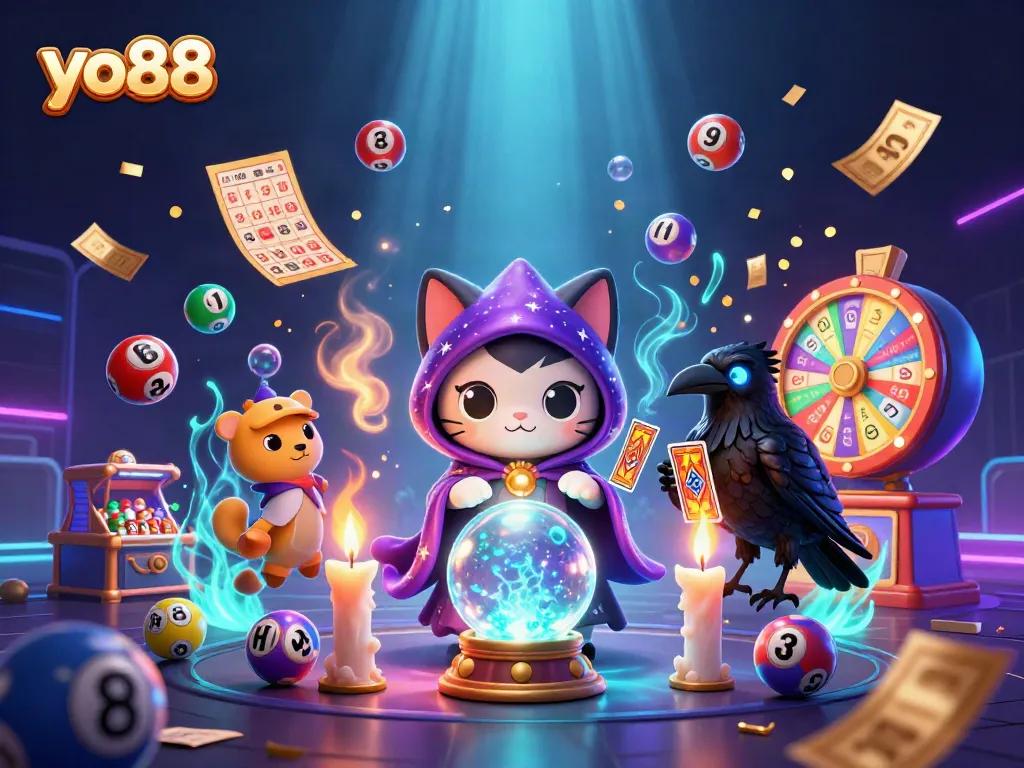 Experience exciting gameplay with yo88 featuring a mystic cat and a tarot raven in a vibrant gambling scene.