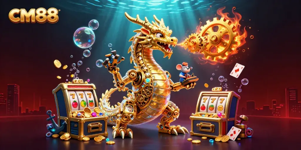 Experience thrilling wins with cm88's enchanting golden dragon amid vibrant casino treasures.
