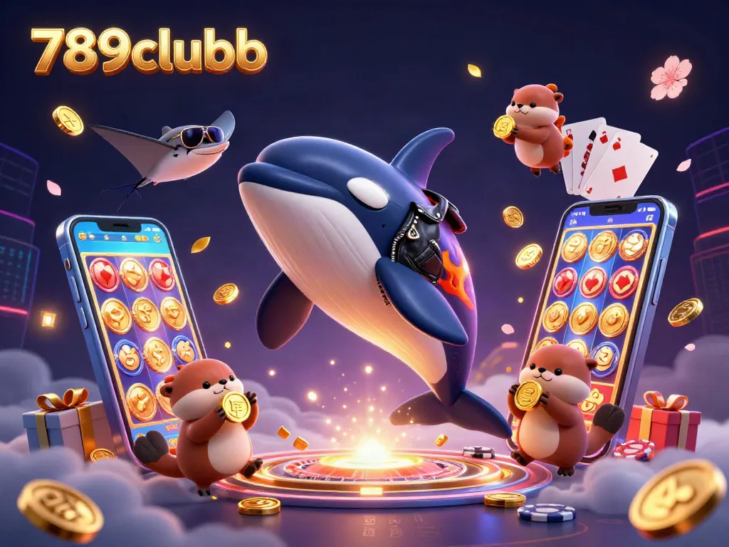 Engage with 789clubb's vibrant casino adventure featuring orca whale, stingray, and sea otters amidst gaming elements.