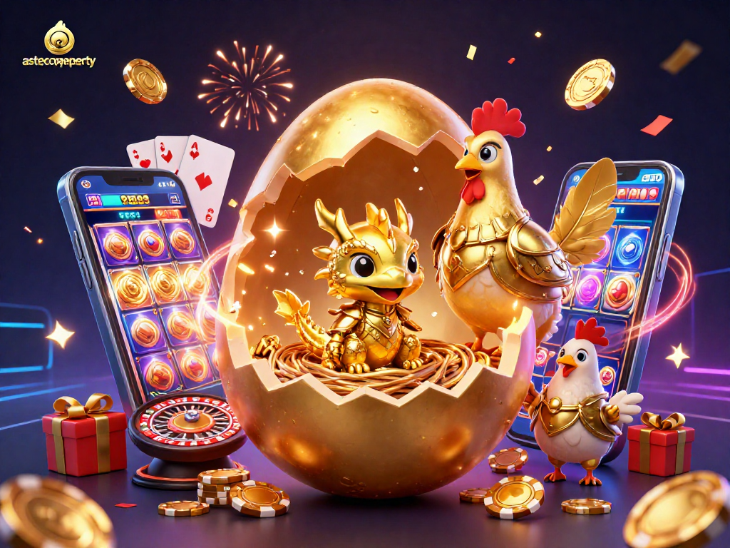 Experience thrilling play at astecoproperty with a vibrant golden dragon surrounded by casino elements.