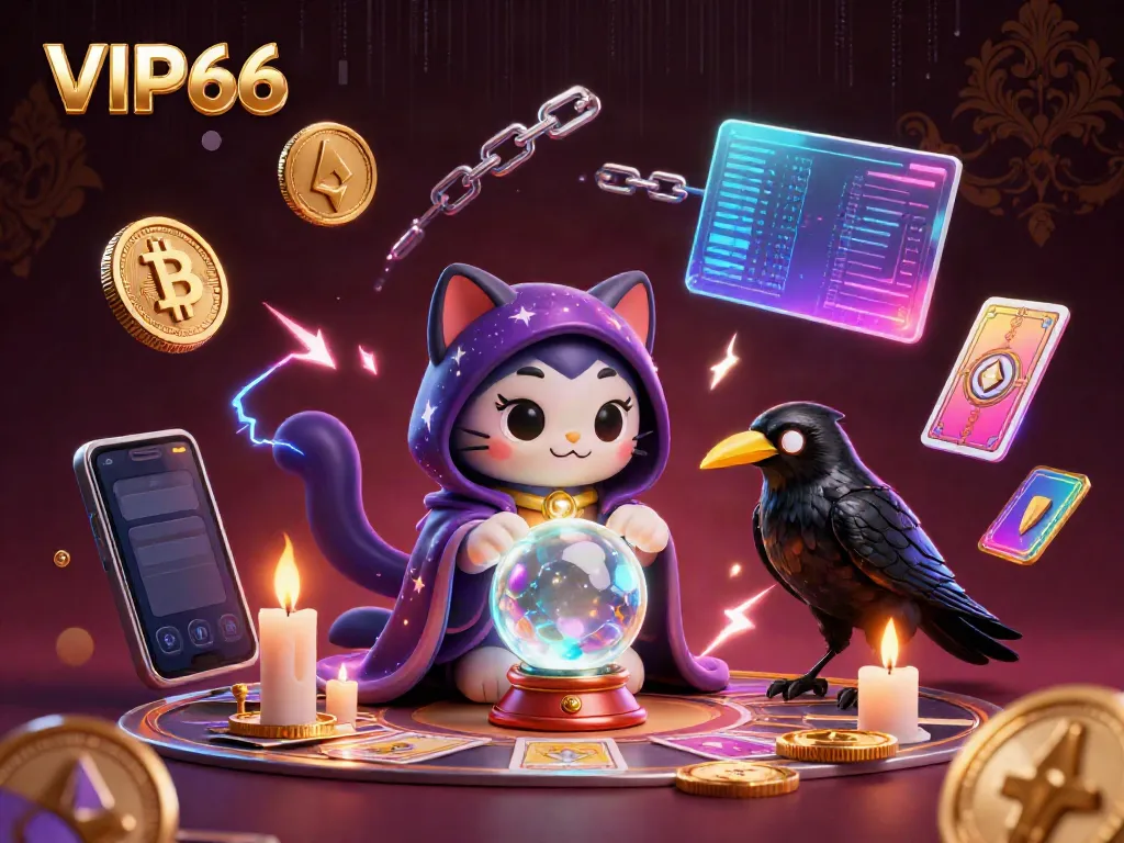 Engage with VIP66 through a mystical casino scene, featuring 3D characters and crypto elements.