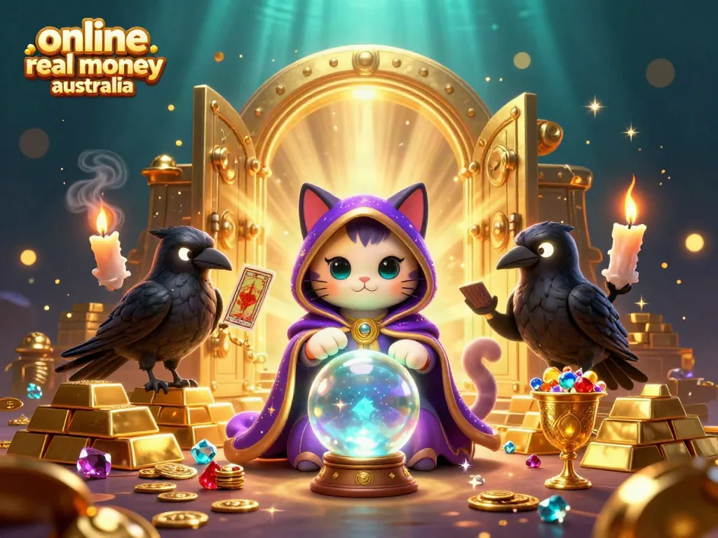 Engage in online casino real money Australia with a 3D scene featuring mystical characters and treasure elements.