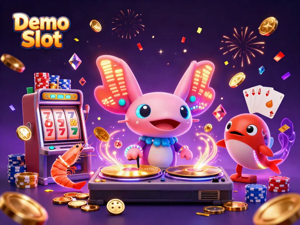 Spin the Demo Slot with vibrant characters and dazzling casino elements in a celebratory atmosphere.