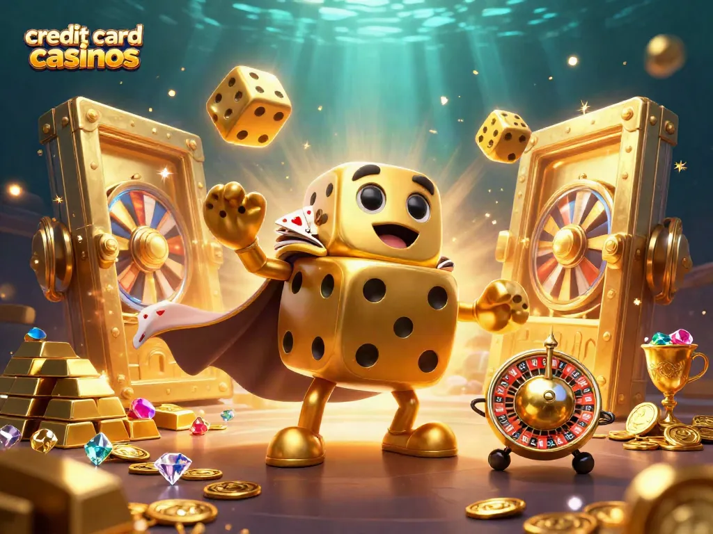 Experience the thrill of credit card casinos with a dynamic 3D scene featuring golden dice and vibrant slots.
