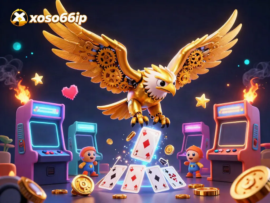 Engage in thrilling gameplay with xoso66ip’s colorful casino scene featuring a cybernetic eagle and holographic cards.