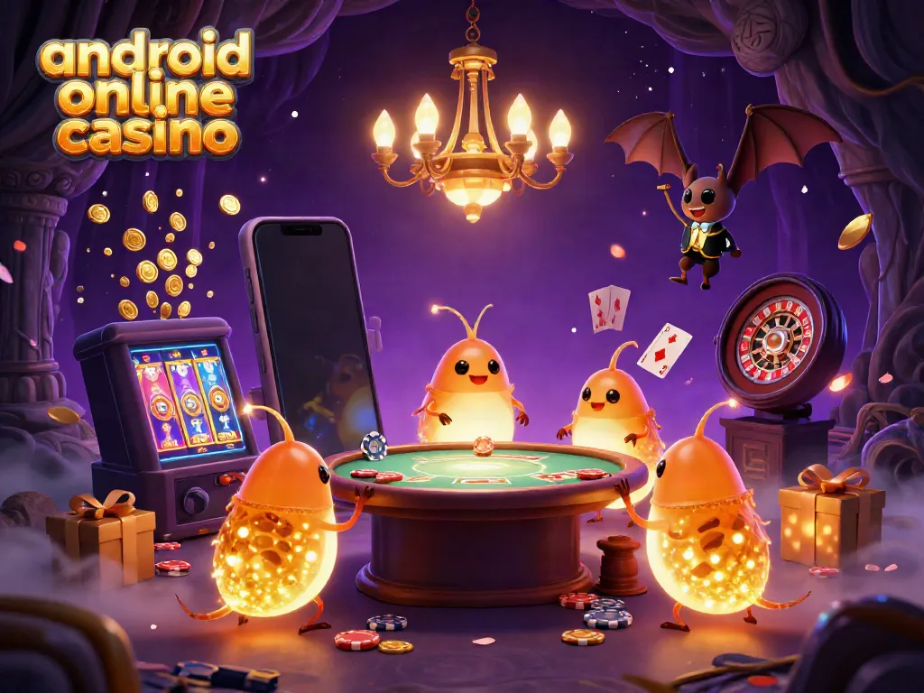 Engaging scene of an android online casino illuminated by glowworms and a bat dealer, featuring vibrant gaming elements.