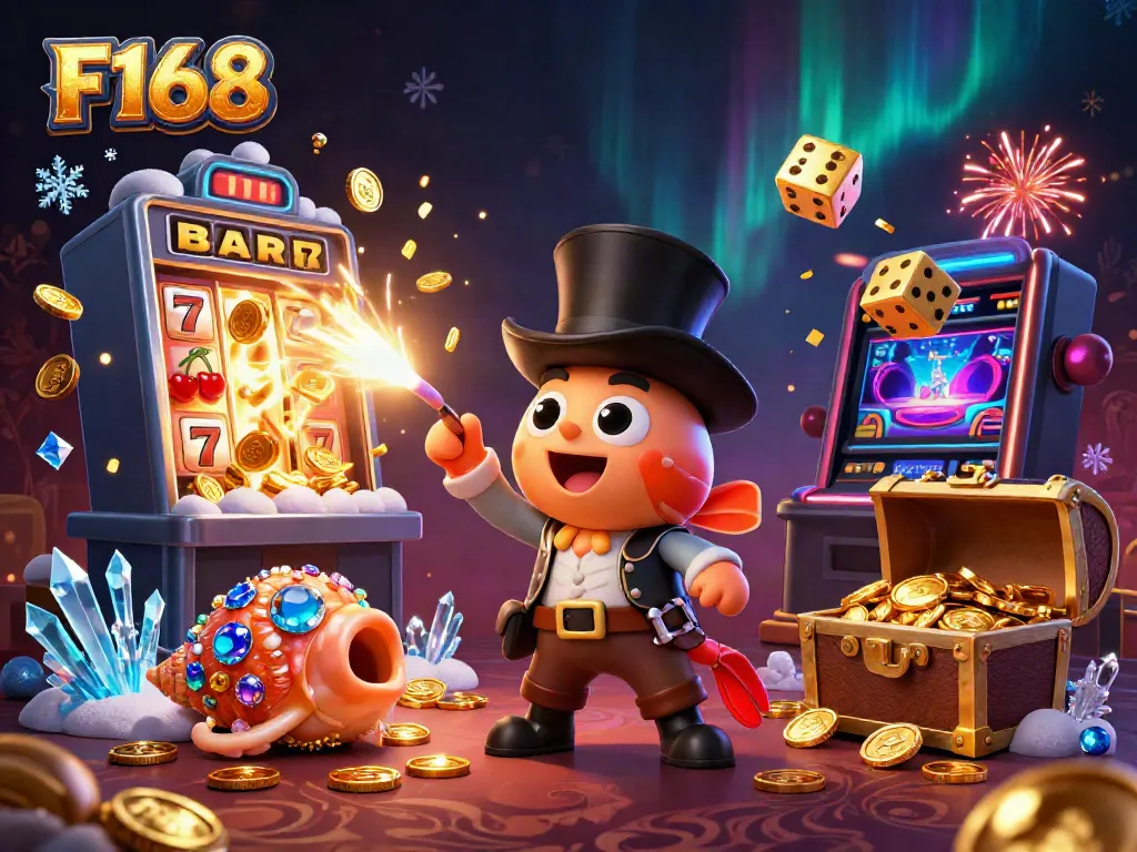 Experience the thrill of F168 with vibrant treasure-filled illustration showcasing casino excitement.