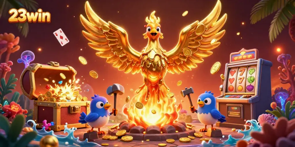Engage with 23win as the golden phoenix emerges with coins, vibrant casino elements, and dazzling effects.
