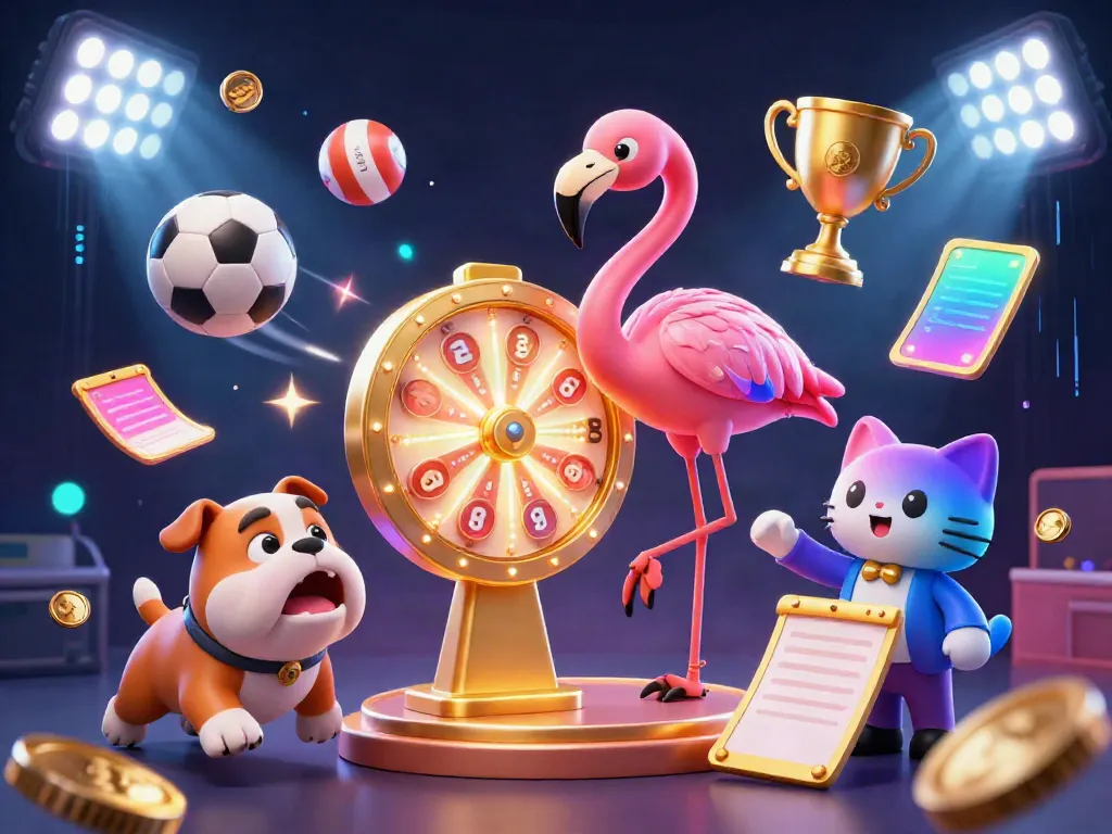 LUCK8's thrilling gaming atmosphere features a flamingo host and bulldog contestant amid dynamic sports elements.