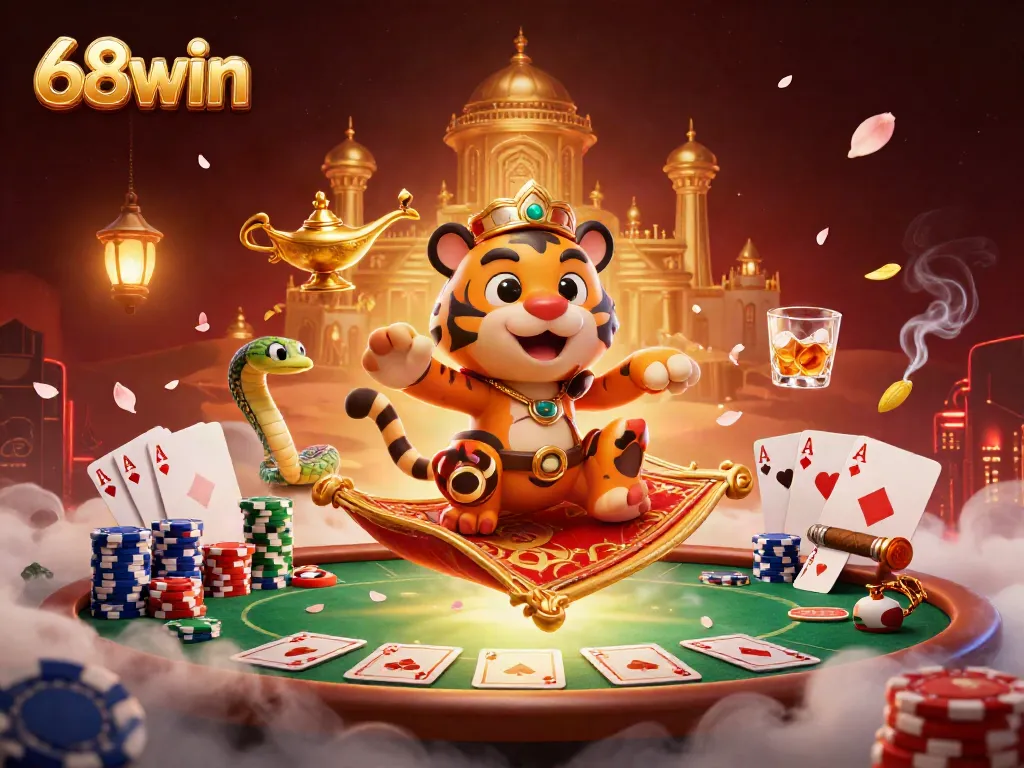 Experience the captivating world of 68win with an Arabian nights theme, showcasing a tiger sultan on poker chips.
