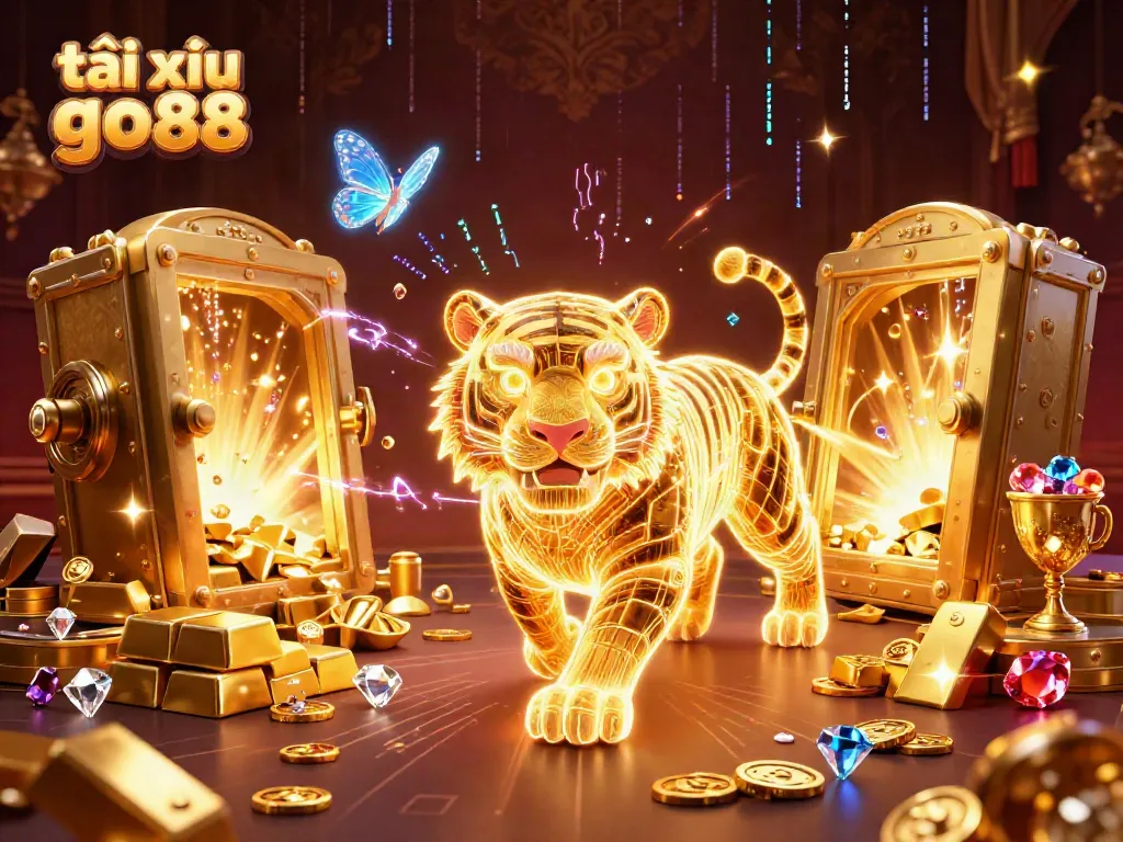 Experience the thrill of tài xỉu go88 with a vibrant digital casino scene featuring a glowing tiger and sparkling treasures.