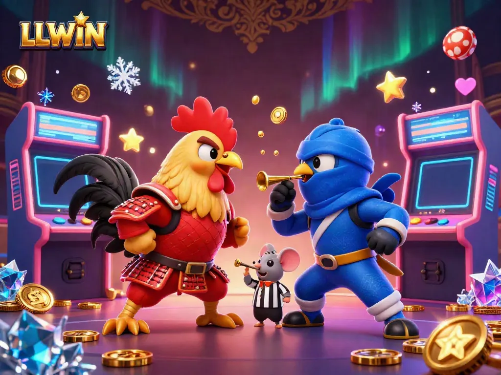 Experience intense LLWIN action with dual fighting roosters in a vibrant casino atmosphere.