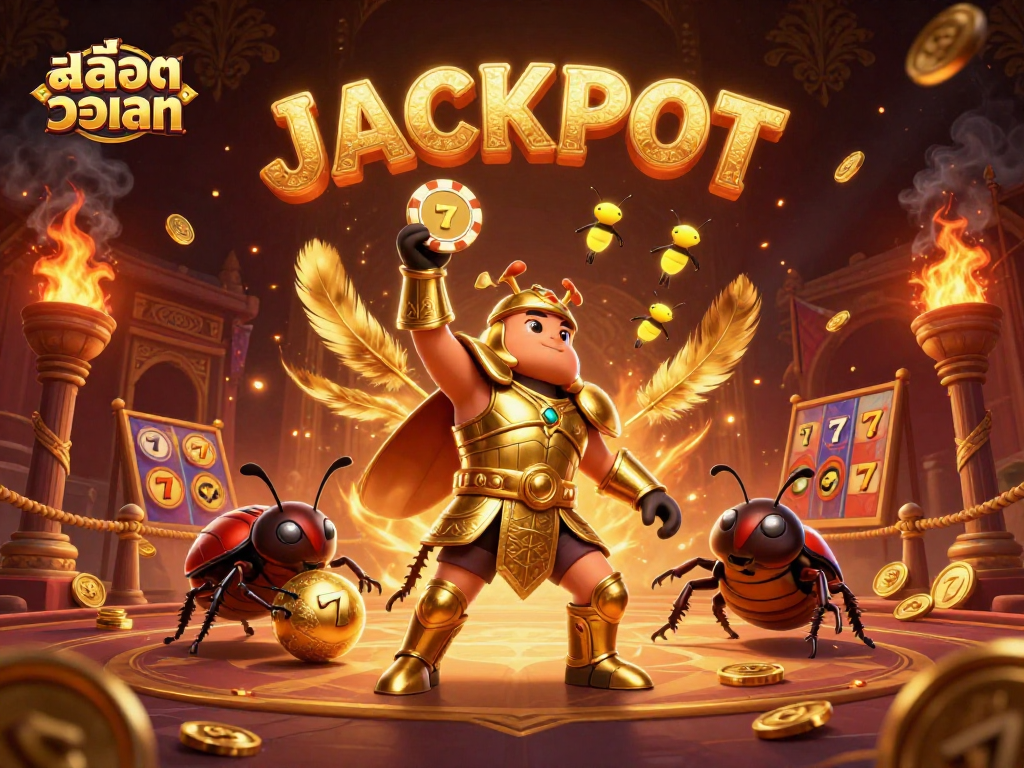 Spin and win with สล็อตวอเลท featuring a golden armored beetle lifting a poker chip triumphantly.