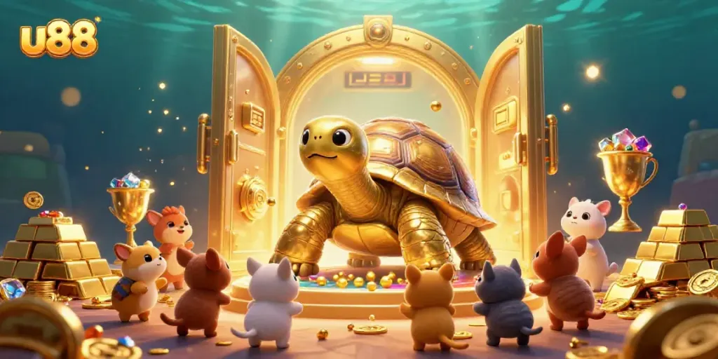 Engage with u88's thrilling gaming scene featuring a golden tortoise pinball machine amidst treasure and excitement.