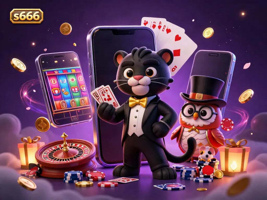 Join the excitement at s666 with a panther elegantly dealing cards amidst a vibrant casino scene with coins and games.