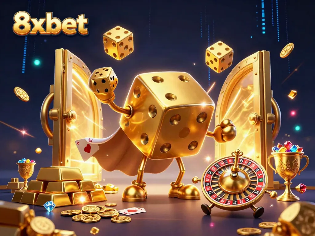 Experience thrilling gaming with 8xbet's vibrant casino illustration featuring dynamic characters and golden elements.