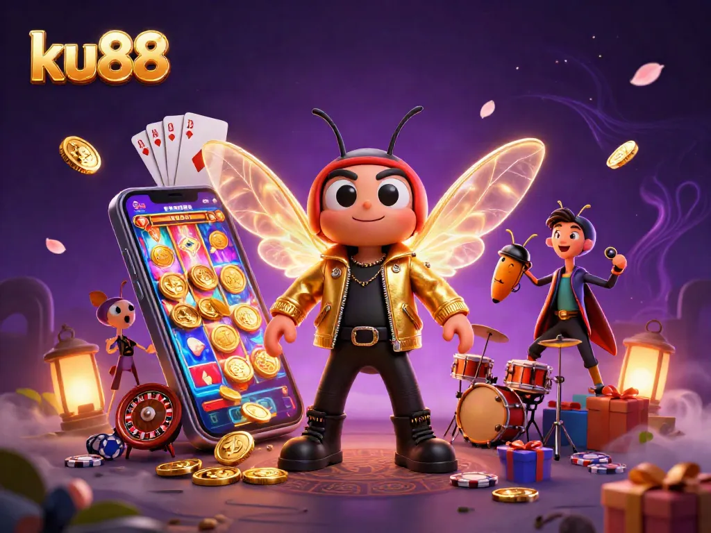 ku88 vibrant 3D illustration featuring a rock star cicada amidst dynamic gambling elements