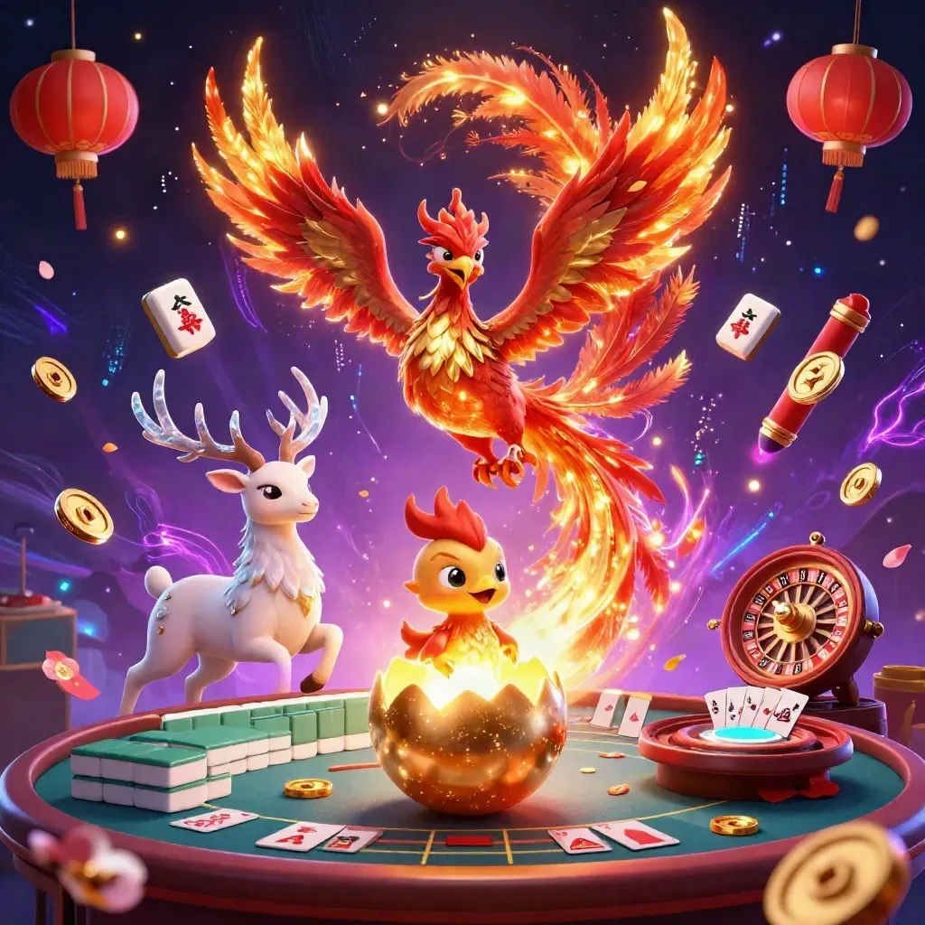 Fire phoenix, crystal stag, and baby phoenix amid casino magic, coins, lanterns, and neon bolts