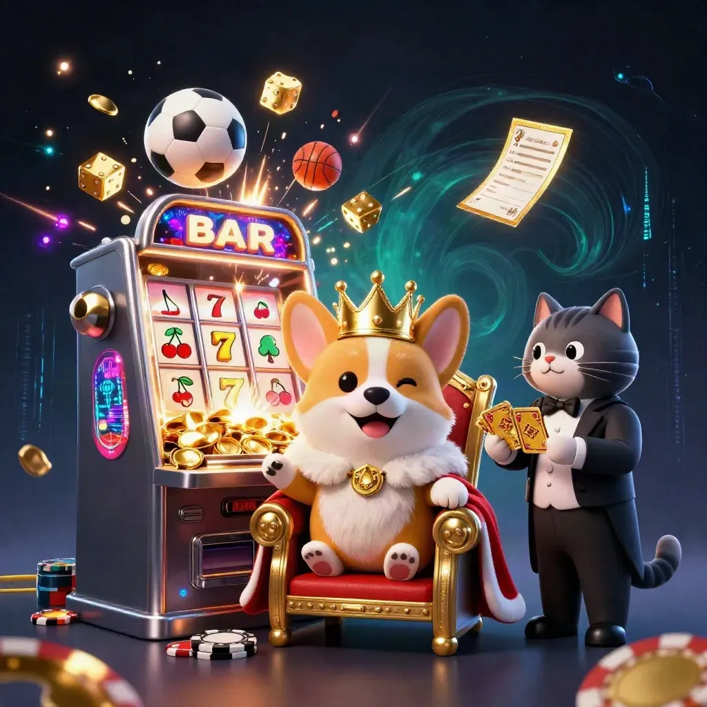 Royal corgi and cat butler amid slot burst, balls, dice, gold and neon ocean-casino glow.