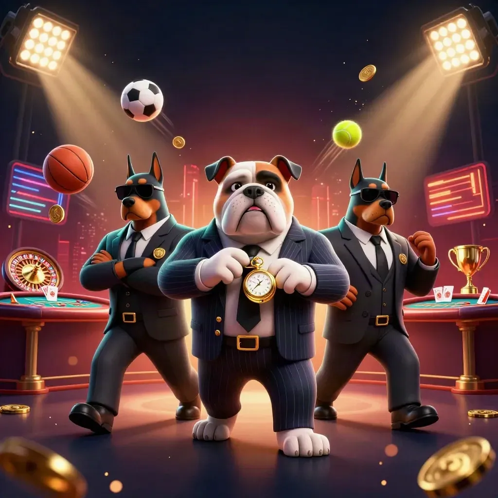 Bulldog boss with Dobermans in a casino explosion of coins, balls, lights, and teal-gold glow.