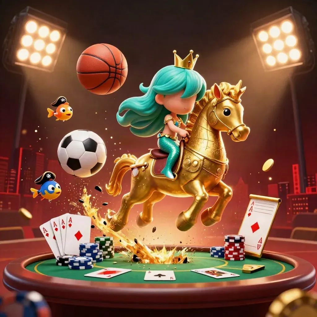 Mermaid casino key art with a flying basketball, pirate fish, gold chips, and ocean glow.