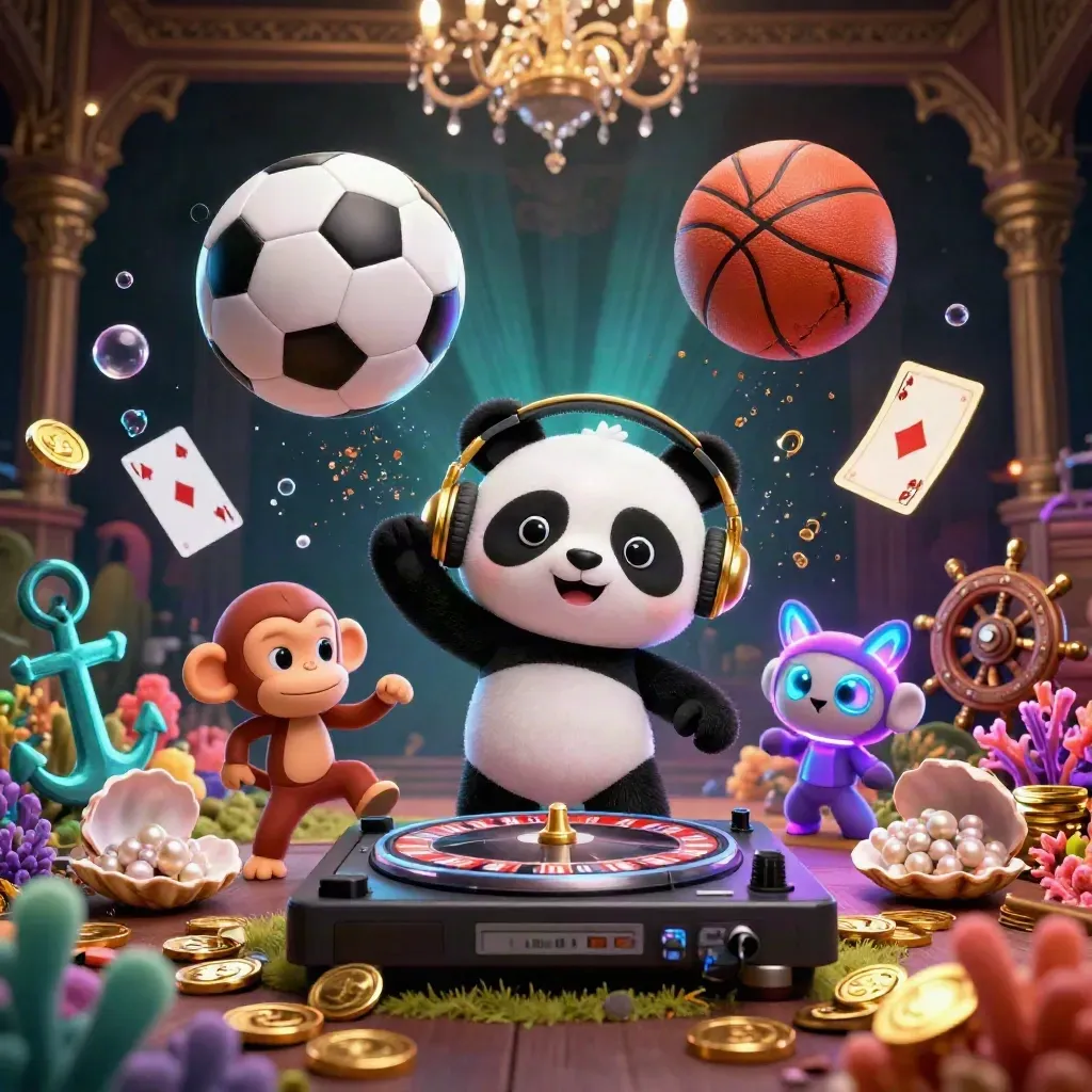 Panda DJ, dancing monkey, glow-stick kitten, flying soccer ball, and ocean-casino treasure glow.