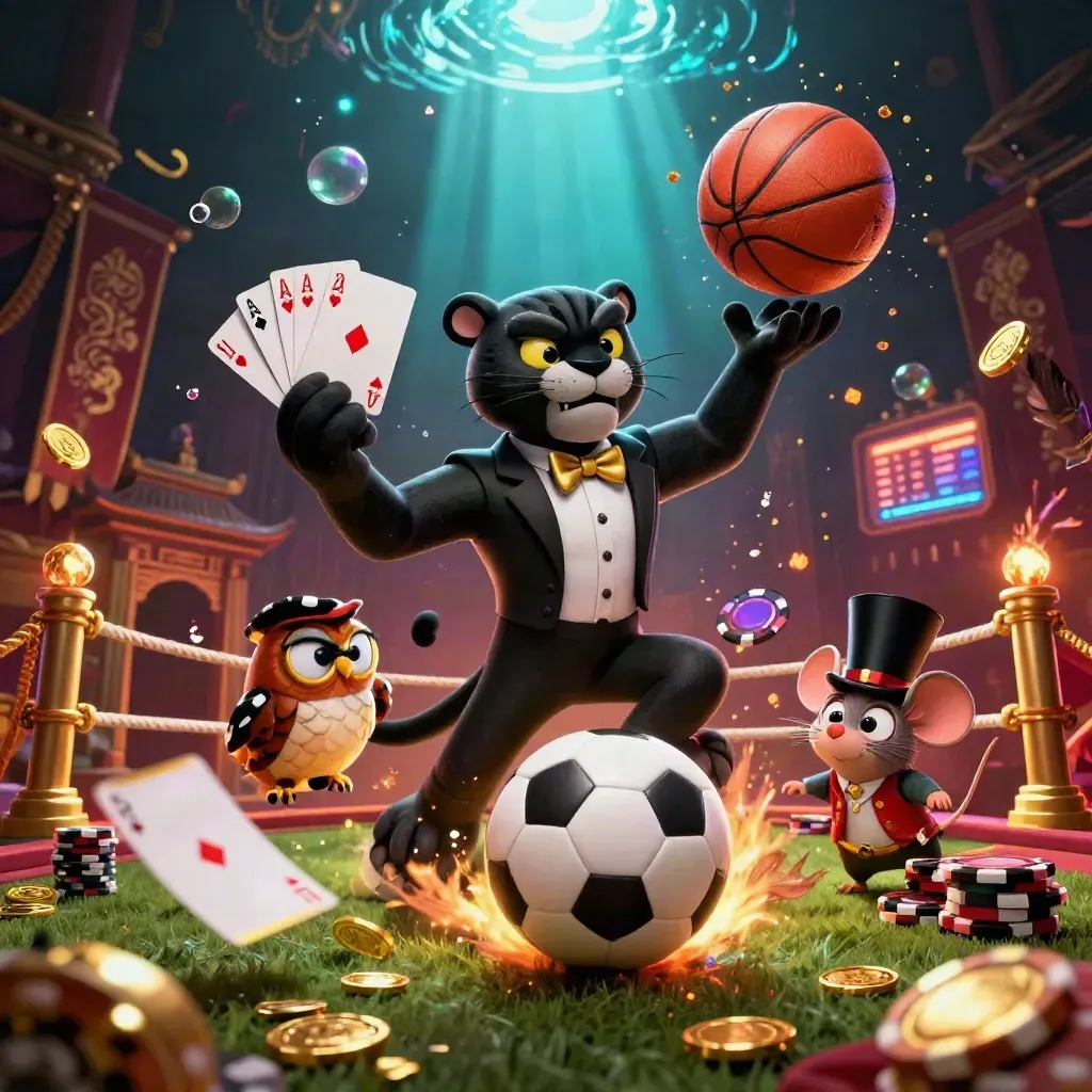 Panther, owl, and mouse amid flying sports balls, chips, gold, and ocean glow.