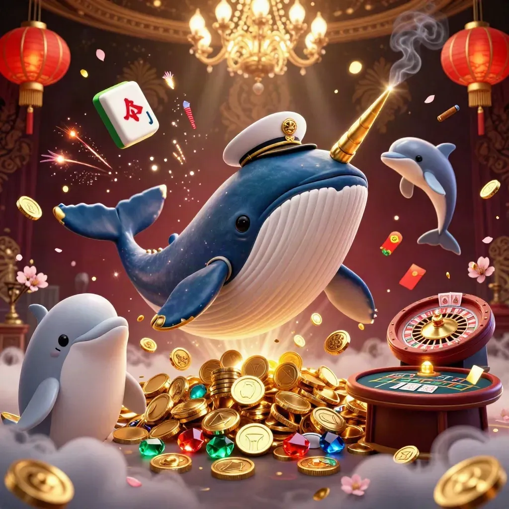 Whale captain, narwhal, and dolphins amid casino coins, lanterns, and a spinning roulette wheel