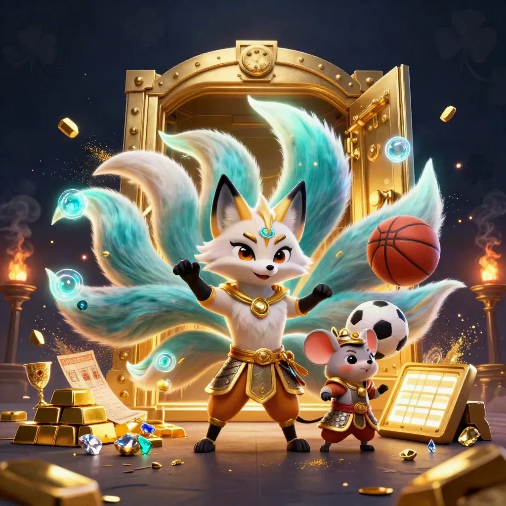 Neon fox spirit and golden mouse amid vault loot, sports balls, sparks, and dark casino glow.