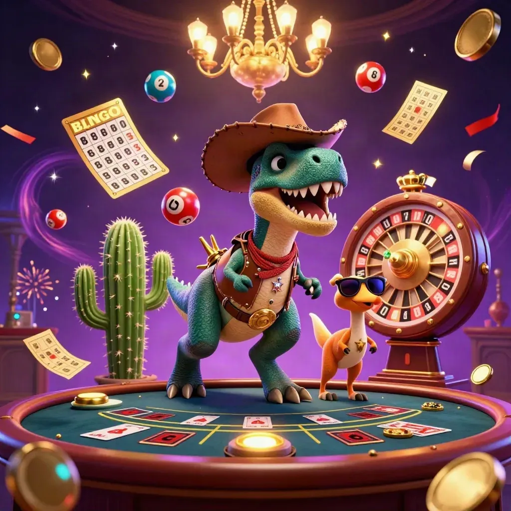 Cowboy T-Rex, cactus sidekick, and roadrunner in a glittering casino room with floating game props.