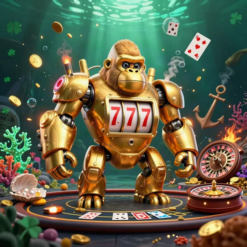 Golden gorilla slot-mech with tiny monkey pilot in an underwater treasure cove, coins and coral.
