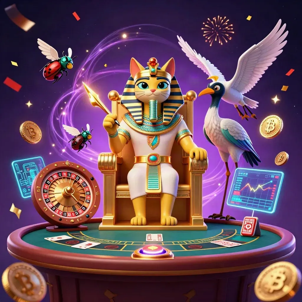 Pharaoh cat, ibis scribe and gem-winged scarabs amid casino magic and neon coins