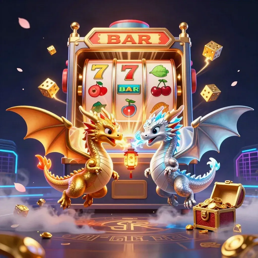 Twin gold and silver dragons clash mid-flight around a bursting slot machine and treasure chest.