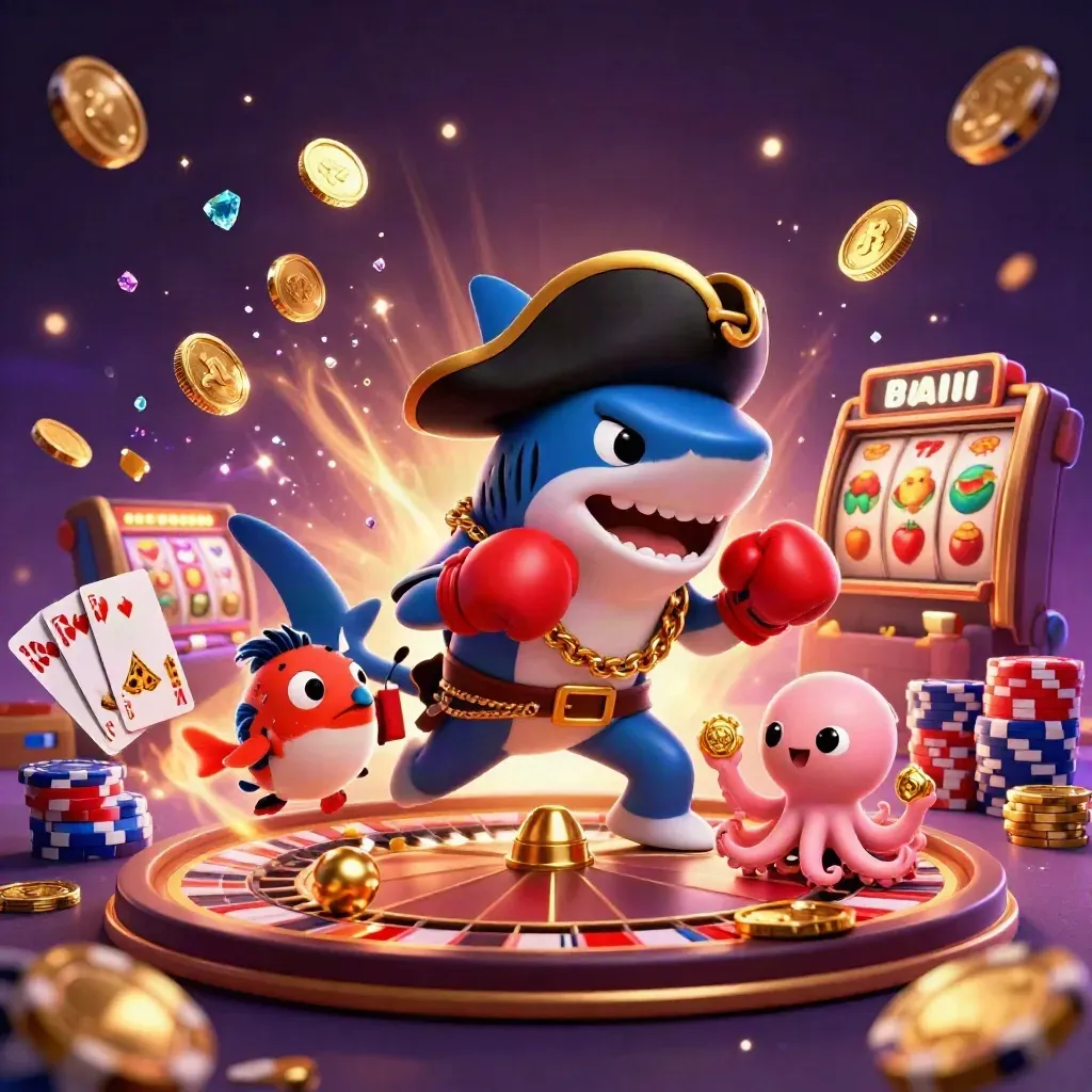 Pirate shark, boxing pufferfish, and coin-juggling octopus amid casino treasure bursts